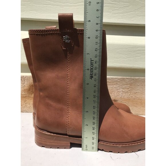 Ralph Lauren Evelynn Brown Short Slip On Logo Leather Boots Women's 8 39 - Picture 12 of 13